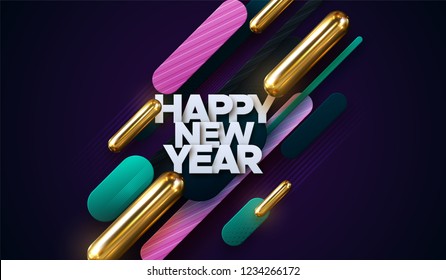 Happy New Year. 3d geometric dynamic shapes with New Year white paper sign. Vector holiday illustration. Golden capsule primitives and colorful strokes. Festive decoration. Banner design. Modern cover
