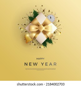 happy new year with 3d gift box illustration.