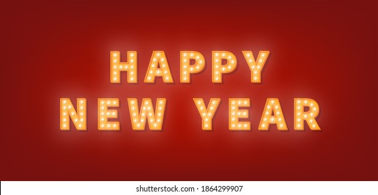 Happy New Year. 3d gold marquee light bulb text for New Year celebration