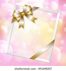 Happy new year 3D picture frame and ribbon on abstract colorful bokeh light star background. Vector illustration