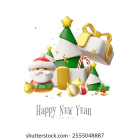 Happy New Year 3D plastic style vector poster design. Santa Claus figurine, fir trees, candy cane and Christmas decorations in gift box. Cartoon festive symbols of winter holiday with golden confetti