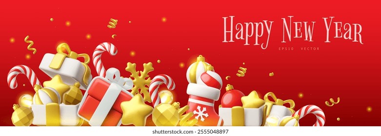 Happy New Year 3D plastic style vector banner design. Festive volume symbols of Merry Christmas holiday with golden confetti. Christmas sock, gift box, snowflake, candy cane, ball decorations