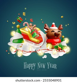 Happy New Year 3D plastic style vector poster design. Cartoon Christmas deer with sledge full of gifts on clouds with glowing garland. Winter holiday symbols candy cane, gift box and fir tree