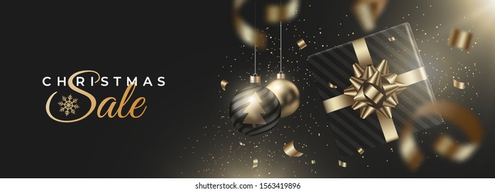 Happy new year 3D realistic banner with christmas balls and gifts