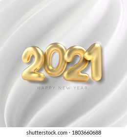 Happy new year. 3D Realistic golden inscription balloon 2021 on white silk background. Golden metallic text new year for banner design. Vector 