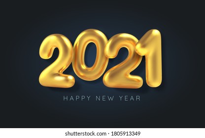 Happy New Year. 3D Realistic golden inscription balloon 2021 on black background. Golden metallic text for banner design. Vector illustration.