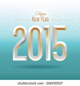 Happy new year 3d text design with facets on light blue background with rays and snowflakes.