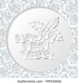 Happy new year 3d text vector background. Paper white design with shadows.