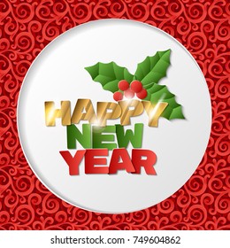 Happy new year 3d text vector background. Paper white design with shadows.