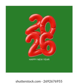 Feliz año Nuevo diseño de Vector 3D sobre fondo verde. Texto inflado rojo realista de los globos 2026, números 3d. Vacaciones de invierno Feliz Navidades. Plantilla de Vertical para la tarjeta de felicitación de la celebración o calendario