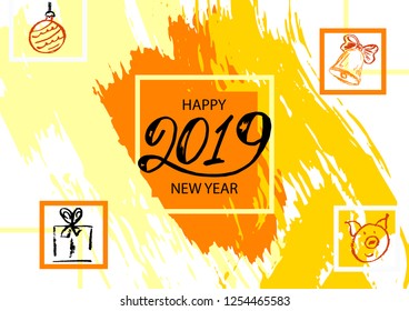 Happy New Year. Abstract background 2019. Colorful elements. Cover, flyer, banner, web, print. Acrylic paints, brush. Wallpaper