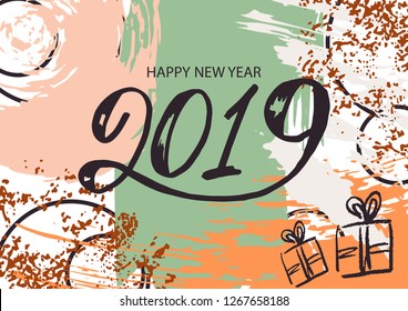 Happy New Year. Abstract background 2019. Cover, flyer, banner, web, print. Colorful elements. Acrylic paints, brushes, blots, geometric