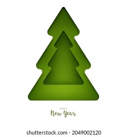 Happy new year abstract background. Christmas tree in modern paper cut style isolated on white color. Minimalistic art holiday  composition. Template design for banner, card. Vector illustration.