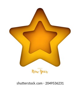 Happy new year abstract background. Yellow star in modern paper cut style isolated on white color. Minimalistic art holiday  composition. Template design for banner, card, cover. Vector illustration.