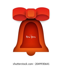 Happy new year abstract background. Toy bell in modern paper cut style isolated on white color. Minimalistic art holiday  composition. Template design for banner, card, cover. Vector illustration.