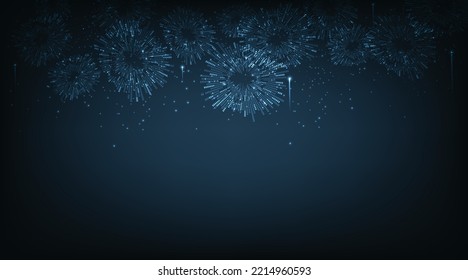 Schönes neues Jahr Abstrakter Hintergrund mit Feuerwerken. Helles Feuerwerk auf dunkelblauem Hintergrund, geometrisches Design.Technologie-Stil, Konzept für Feriendekation.