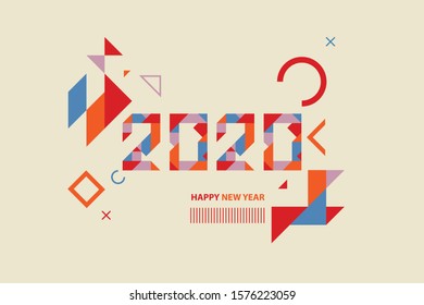 Happy New Year Abstract banner design in retro style made of various geometric shapes in perfect colors. Landing Page. Brochure. Card. Template. Vector illustration.