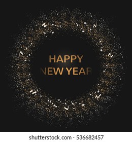 Happy New Year. Abstract creative concept vector illustration. Greeting card with gold and white decoration on black background.