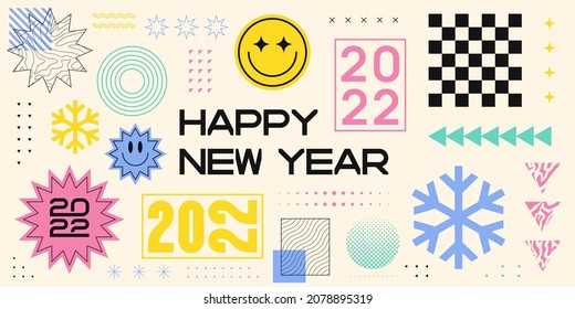 Happy New Year Abstract Geometric Illustration. Cool Trendy 2022 Illustration Retro Design.