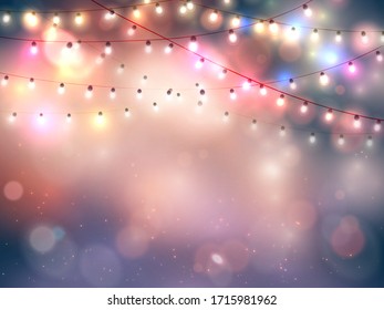 Happy new year. Abstract greeting background with bokeh, lights and christmas garland. Bright positive color. Vector.