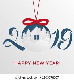 Happy new year abstract paper cut illustration of house in the forest. Vector origami colorful template greeting card in carving art style.