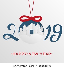 Happy new year abstract paper cut illustration of house in the forest. Vector origami colorful template greeting card in carving art style.