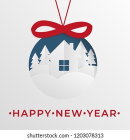 Happy new year abstract paper cut illustration of house in the forest. Vector origami colorful template greeting card in carving art style.