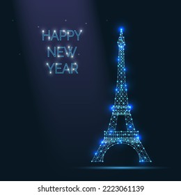 Happy new year. Abstract vector Illustration wireframe telecommunications signal transmitter, france radio antenna eiffel tower from lines and triangles, point connecting network on dark background