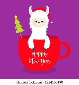 Happy New Year. Alpaca llama sitting in red coffee cup teacup. Santa hat. Fir tree. Face and hands. Cute cartoon character. Merry Christmas. Hello winter. Violet background. Flat design. Vector