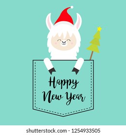 Happy New Year. Alpaca llama sitting in the pocket. Santa hat. Fir tree. Face and hands. Cute cartoon character. Hello winter. Merry Christmas. Blue background. Flat design. Vector illustration