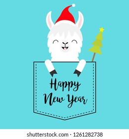 Happy New Year. Alpaca llama sitting in the pocket. Santa hat. Fir tree. Face and hands. Merry Christmas. Cute cartoon character. Hello winter. Blue background. Flat design. Vector illustration