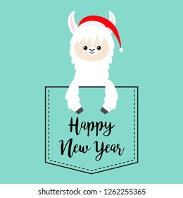 Happy New Year. Alpaca llama sitting in the pocket. Santa Claus hat. Face and hands. Cute cartoon character. Hello winter. Merry Christmas. Blue background. Flat design. Vector illustration