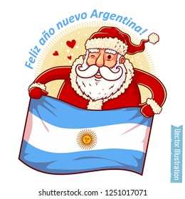 Happy New Year Argentina - Santa Claus with Argentinian flag in hands. Santa holds Argentinian flag. Greeting sticker, tshirt print with slogan, xmas design. Isolated layered vector illustration