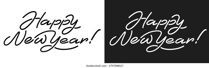 Happy New Year artistic and unique lettering in line art style, horizontal. Handwriting typography set. Easy to use for any designs for Christmas and New Year celebrations. Vector illustration.