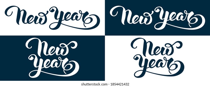 Happy New Year artistic and unique lettering in calligraphy style. Handwriting by brush typography set. Easy to use for any designs for Christmas and New Year celebrations. Vector illustration.