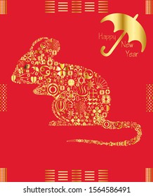 Happy New Year artwork with an oriental theme for the Year Of The Rat. Line art in gold with red background to create a stunning finish.