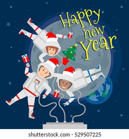 happy new year. astronauts in outer space celebrating
