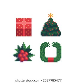 Happy New Year attributes pixel art icons set. Merry Christmas greeting card design. Gift box and Christmas trees. Isolated vector illustration. Xmas wreath.