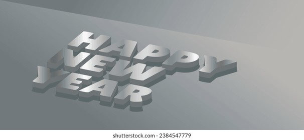 Happy new year backdrop with 3d word on silver gradient background. Vector lettering design. Abstract, futuristic text effect image EPS 10. Template, greeting card, poster, banner, website, wallpaper.