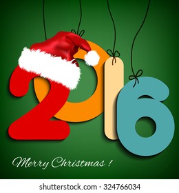 Happy New Year background 2016 with Christmas hat. Vector illustration. EPS