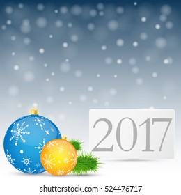 Happy new year background 2017. Christmas baubles and fir-tree branch. Vector illustration. 
