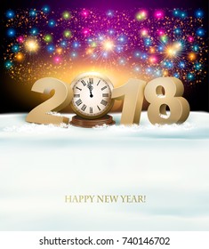 Happy New Year background with 2018, a clock and fireworks. Vector.