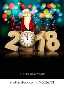 Feliz año nuevo con 2018, un reloj y Santa Claus. Vector.