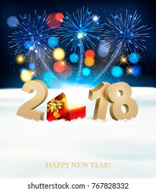 Happy New Year Hintergrund mit 2018, Zauberbox und Feuerwerk. Vektorgrafik.