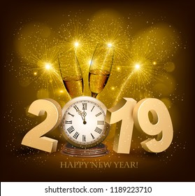 Feliz año nuevo con 2019, un reloj y fuegos artificiales. Vector