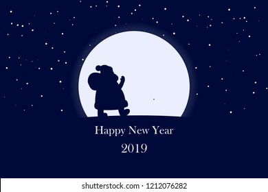 Happy new year background for 2019. Merry Christmas banner. Santa Claus. Night sky. Silhouette of Santa. Moon.