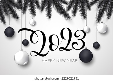 happy new year background 2023 with lettering numbers, handwritten style and green christmas tree