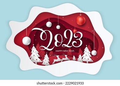 feliz año 2023 con números de letras, estilo escrito a mano y árbol de navidad verde