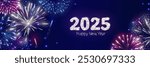 Happy New Year background. 2025 white glitter numbers. Night sky with shiny fireworks explosion. Holiday decoration. For calendars, party posters, Christmas season campaigns and social media. Vector.