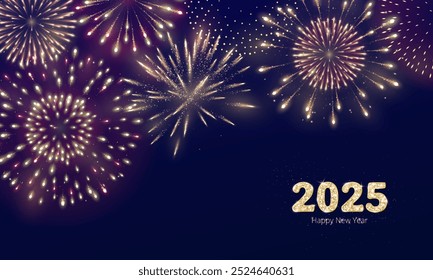 Feliz ano novo. 2025 números dourados glitter. Céu noturno com explosão brilhante de fogos de artifício. Decoração de férias. Para calendários, cartazes de festas, campanhas de Natal e mídias sociais. Vetor.